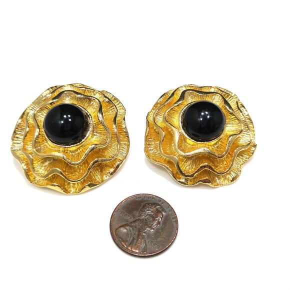 Gold Plated 1950s Musi Floral Shoe Clips, Black Lucite Cabochons - Picture 6 of 8